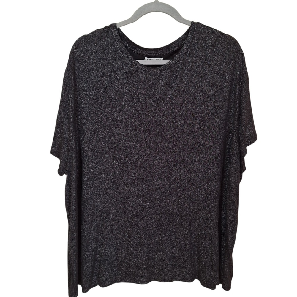 Edgely Womens 2X Metallic Shimmer Short Sleeve Relaxed Crew Neck Top Black